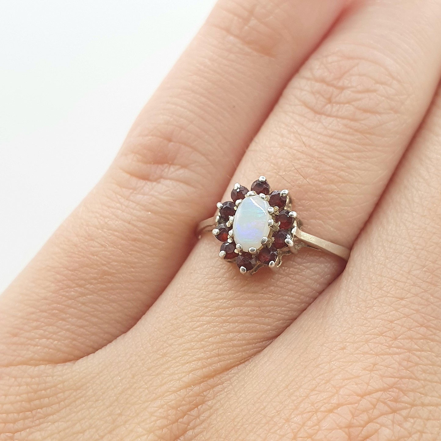 Vintage Sterling Silver Garnet & Opal Ring Cluster Halo Red Gemstone Retro Womens Mens Jewelry Jewellery UK L.5 US 6