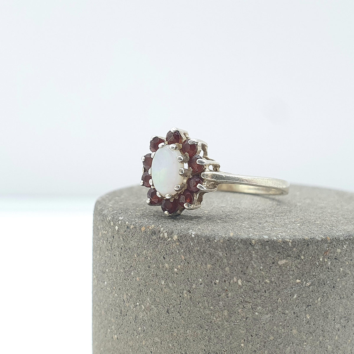 Vintage Sterling Silver Garnet & Opal Ring Cluster Halo Red Gemstone Retro Womens Mens Jewelry Jewellery UK L.5 US 6