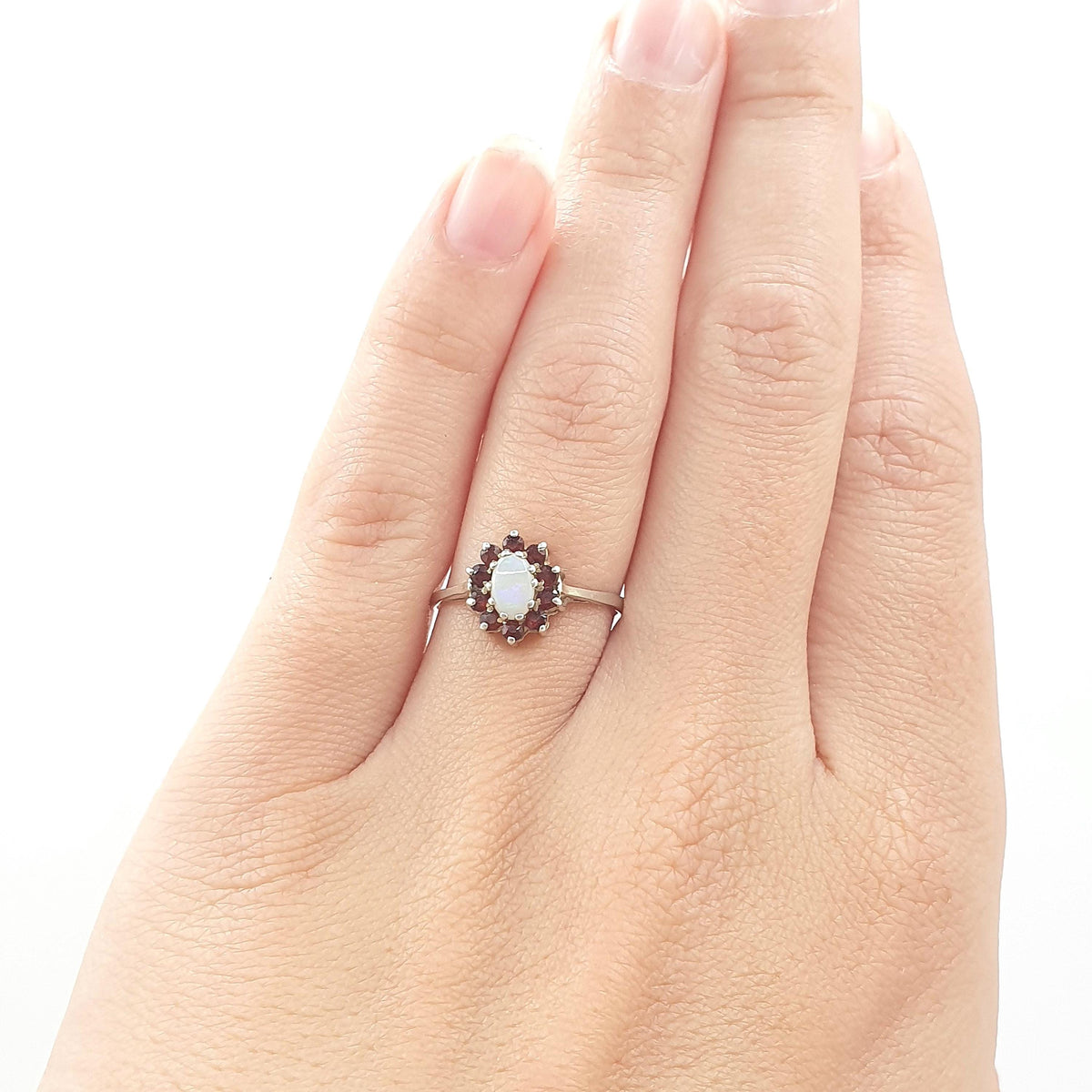 Vintage Sterling Silver Garnet & Opal Ring Cluster Halo Red Gemstone Retro Womens Mens Jewelry Jewellery UK L.5 US 6