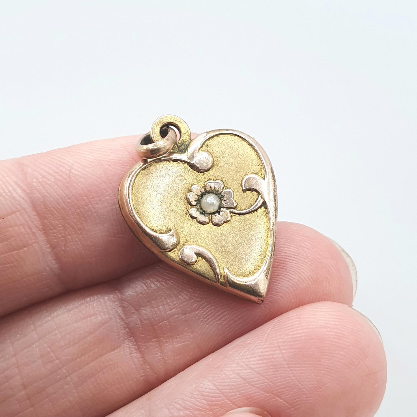 Antique Rose Rolled Gold Heart Pendant Faux Seed Pearl Centre Art Nouveau Gold Filled Vintage Womens Mens Jewelry Jewellery