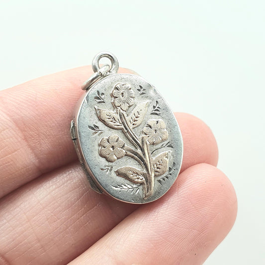 Antique Victorian Sterling Silver Locket 1899 Hallmark Rose Gold Flowers Oval Pendant Necklace Photo Vintage Jewelry Jewellery