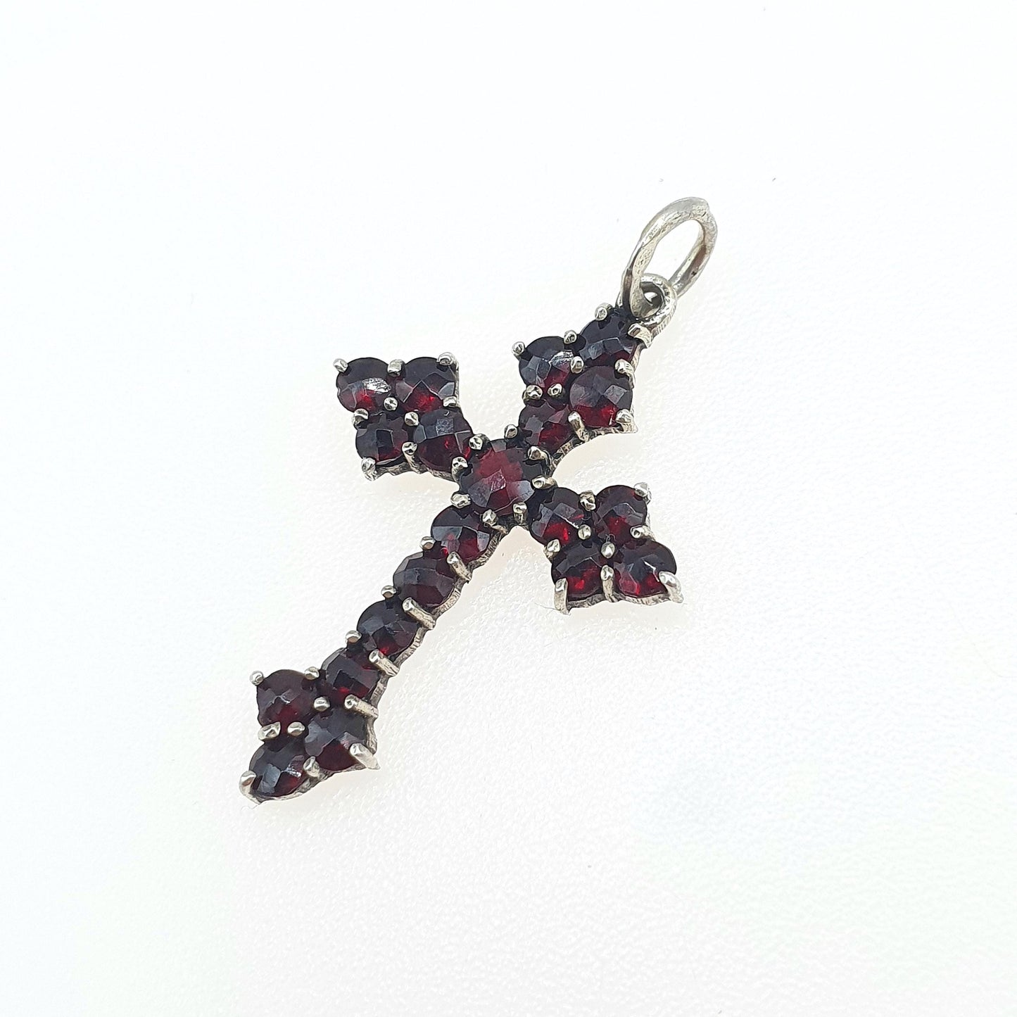 Antique Solid Silver Bohemian Garnet Crucifix Pendant Cross Necklace Catholic Religious Vintage Womens Mens Jewelry Jewellery