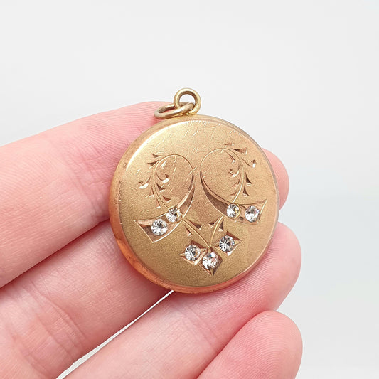 Antique Rolled Gold Diamond Paste Locket Heart Engraved Centre Love Romantic Gold Filled Photo Womens Vintage Jewelry Jewellery