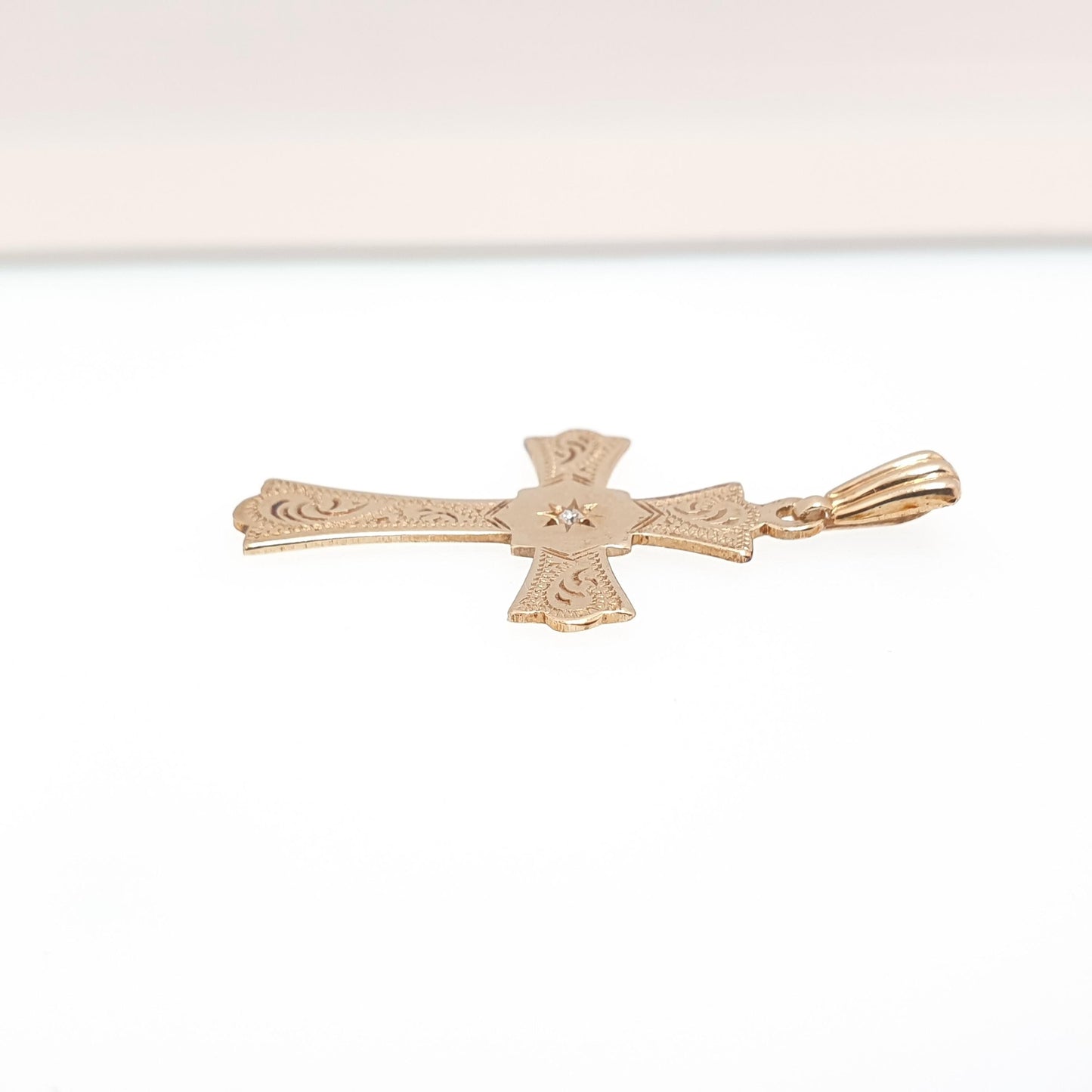 Vintage 9ct Gold Diamond Cross Crucifix Pendant Engraved Solid 9k 9kt 375 Necklace Yellow Jewellery Jewelry