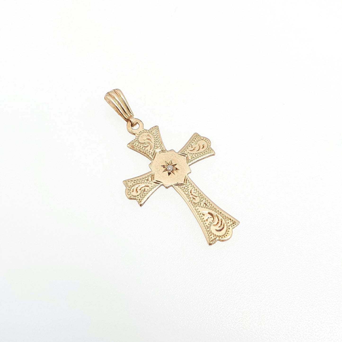 Vintage 9ct Gold Diamond Cross Crucifix Pendant Engraved Solid 9k 9kt 375 Necklace Yellow Jewellery Jewelry
