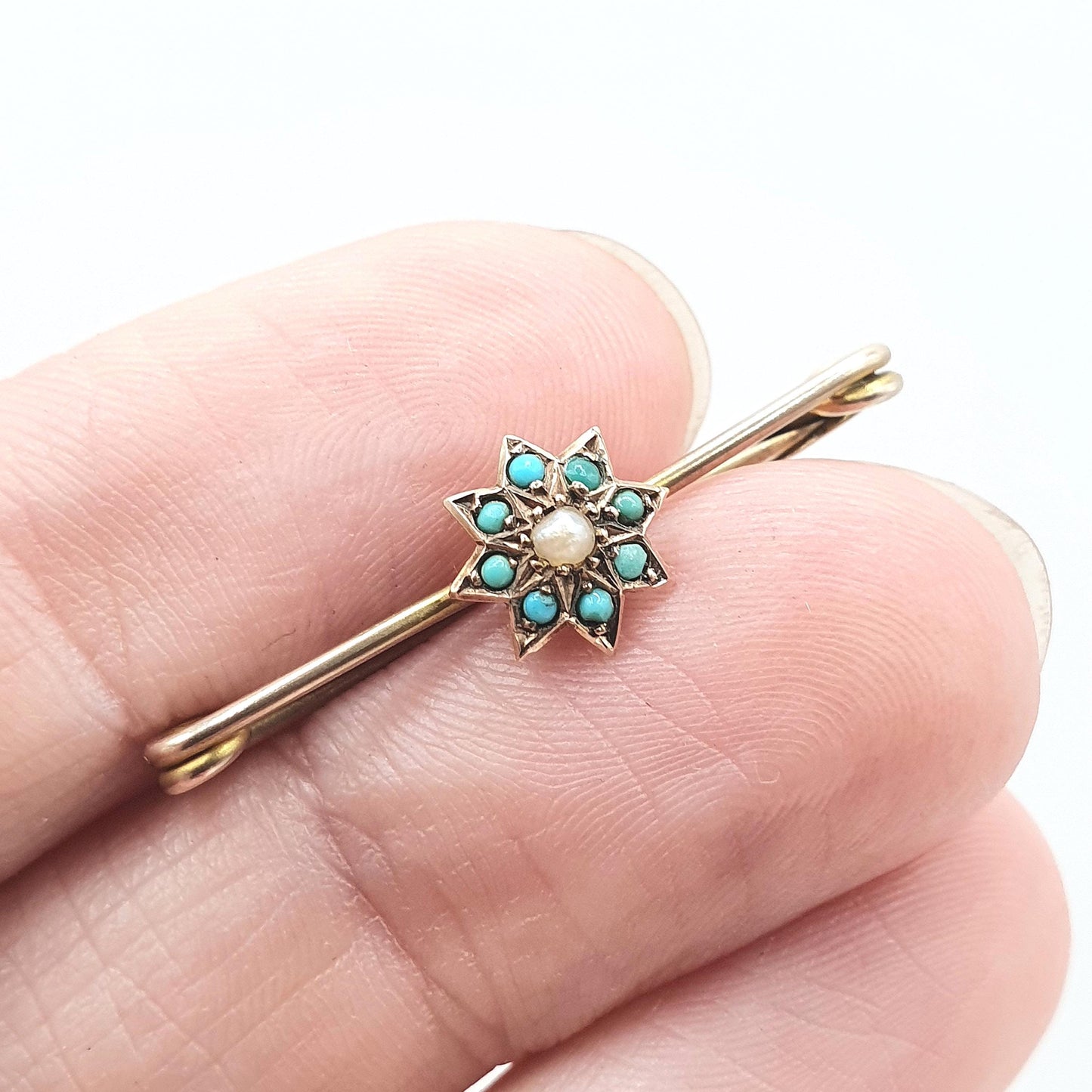 Antique Victorian 9ct Gold Star Brooch Turquoise and Seed Pearl Pin Solid 9k 9kt Celestial Vintage Womens Jewelry Jewellery