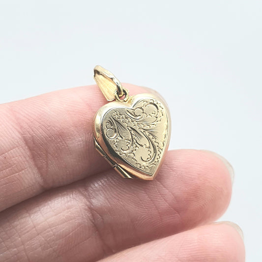 Vintage 9ct Gold Heart Locket Small Tiny Hand Engraved Pendant All Solid 9k 9kt Necklace Photo Pendant Womens Jewelry Jewellery