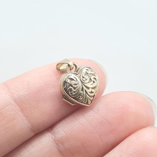 Vintage 9ct Gold Tiny Heart Locket Very Small Petite Embossed All Solid 9k 9kt Retro Womens Jewelry Jewellery
