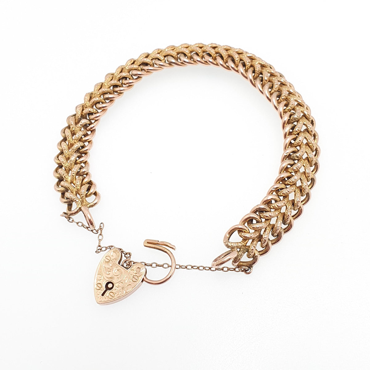 Antique 9ct Rose Gold Curb Link Bracelet Engraved Padlock Double Textured 17.11g 19cm Victorian Solid 9kt 9k Vintage Jewelry Jewellery
