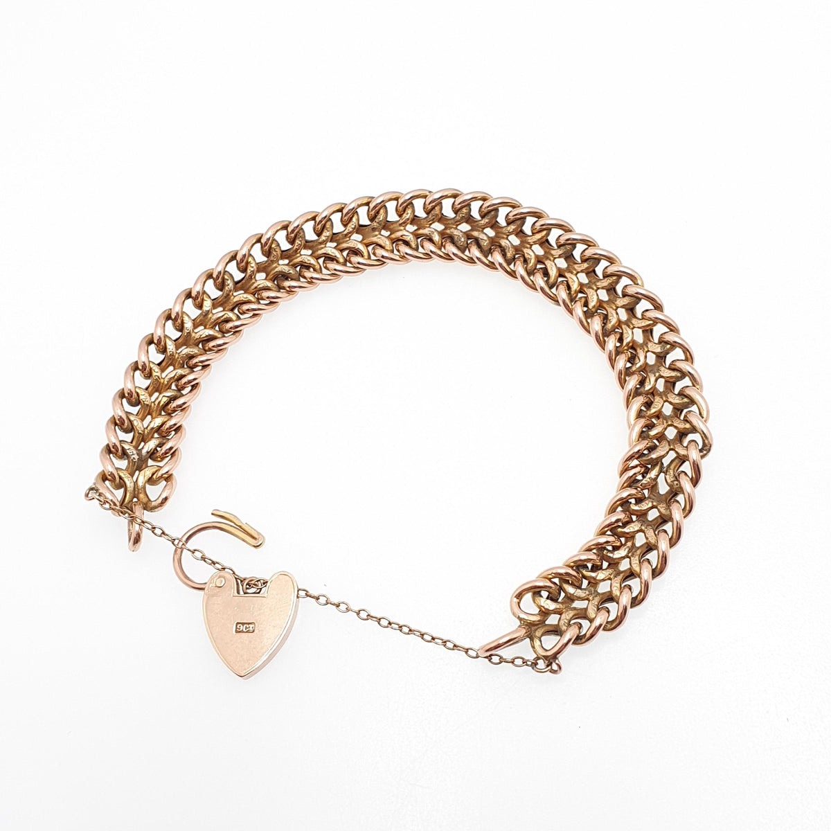 Antique 9ct Rose Gold Curb Link Bracelet Engraved Padlock Double Textured 17.11g 19cm Victorian Solid 9kt 9k Vintage Jewelry Jewellery
