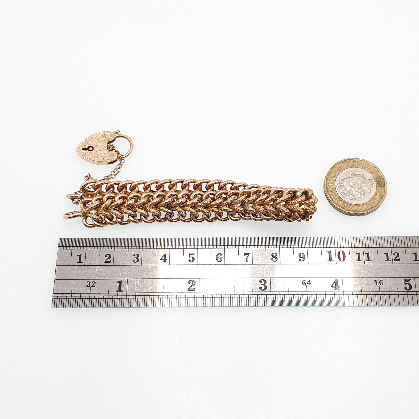 Antique 9ct Rose Gold Curb Link Bracelet Engraved Padlock Double Textured 17.11g 19cm Victorian Solid 9kt 9k Vintage Jewelry Jewellery