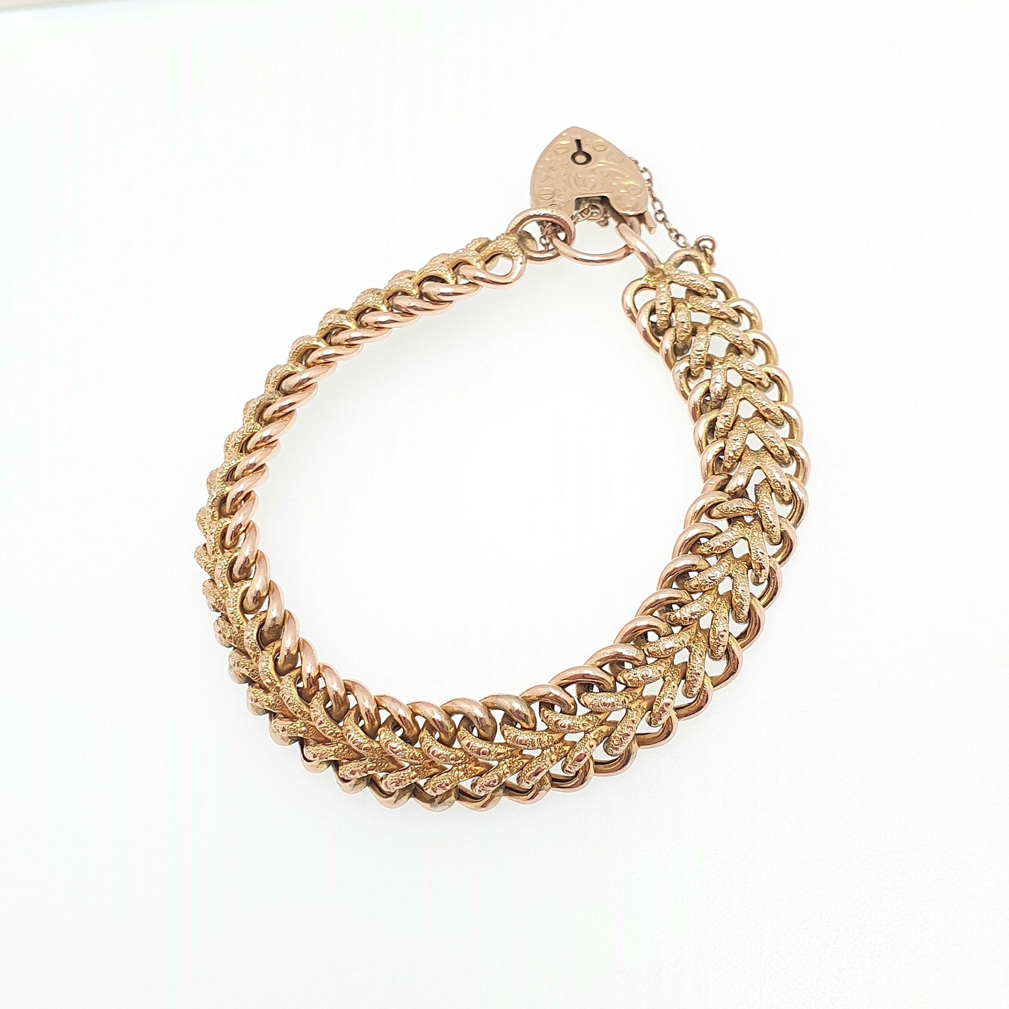Antique 9ct Rose Gold Curb Link Bracelet Engraved Padlock Double Textured 17.11g 19cm Victorian Solid 9kt 9k Vintage Jewelry Jewellery