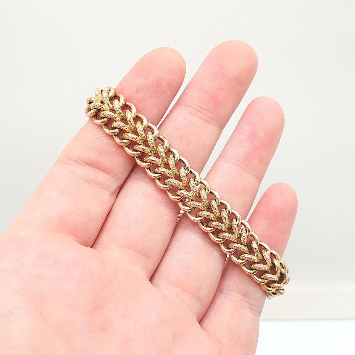 Antique 9ct Rose Gold Curb Link Bracelet Engraved Padlock Double Textured 17.11g 19cm Victorian Solid 9kt 9k Vintage Jewelry Jewellery