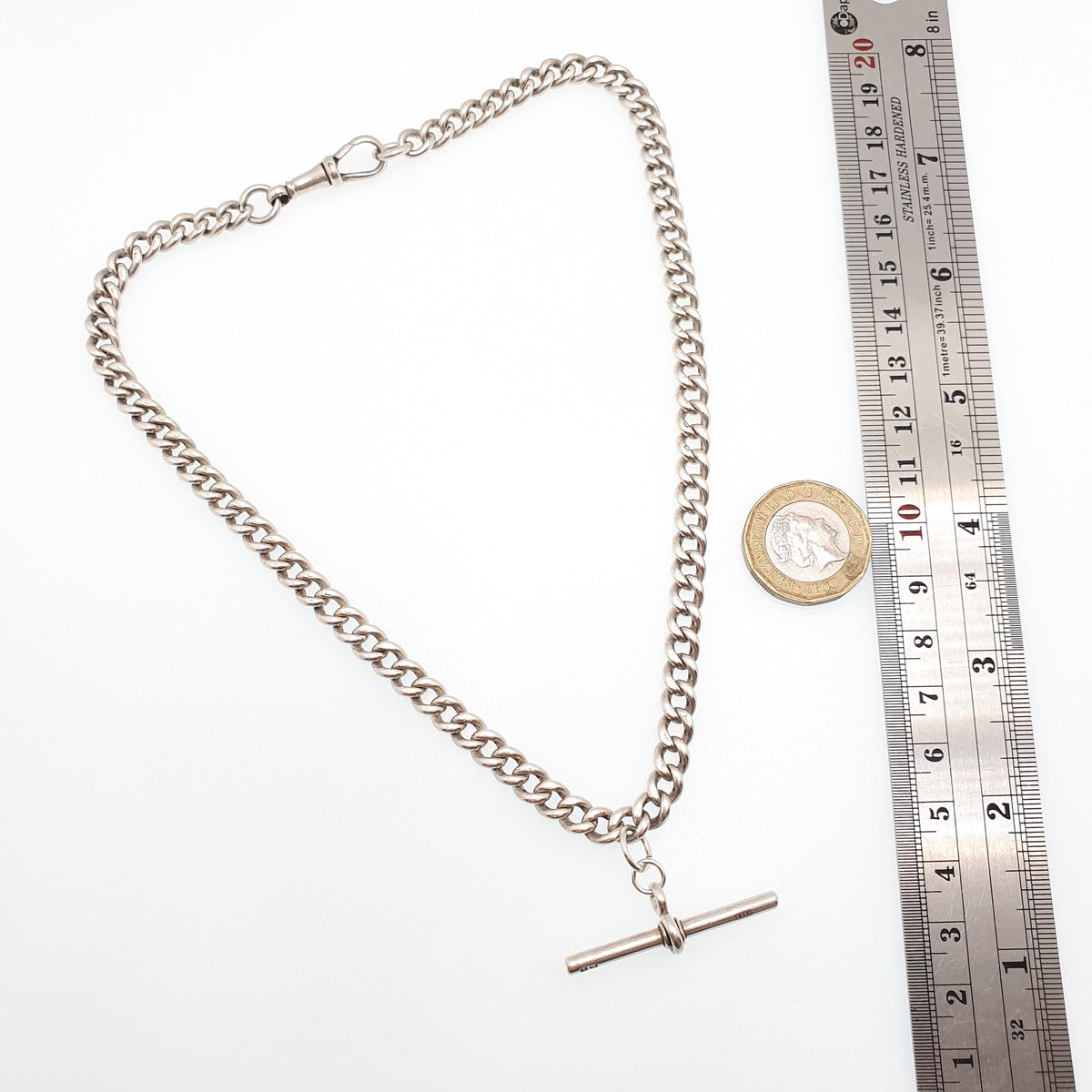 Antique Victorian Sterling Silver Albert Chain T Bar Necklace Curb Link Dog Clip 41cm 16.1" 45.05g 1885 Hallmark Vintage Jewelry Womens