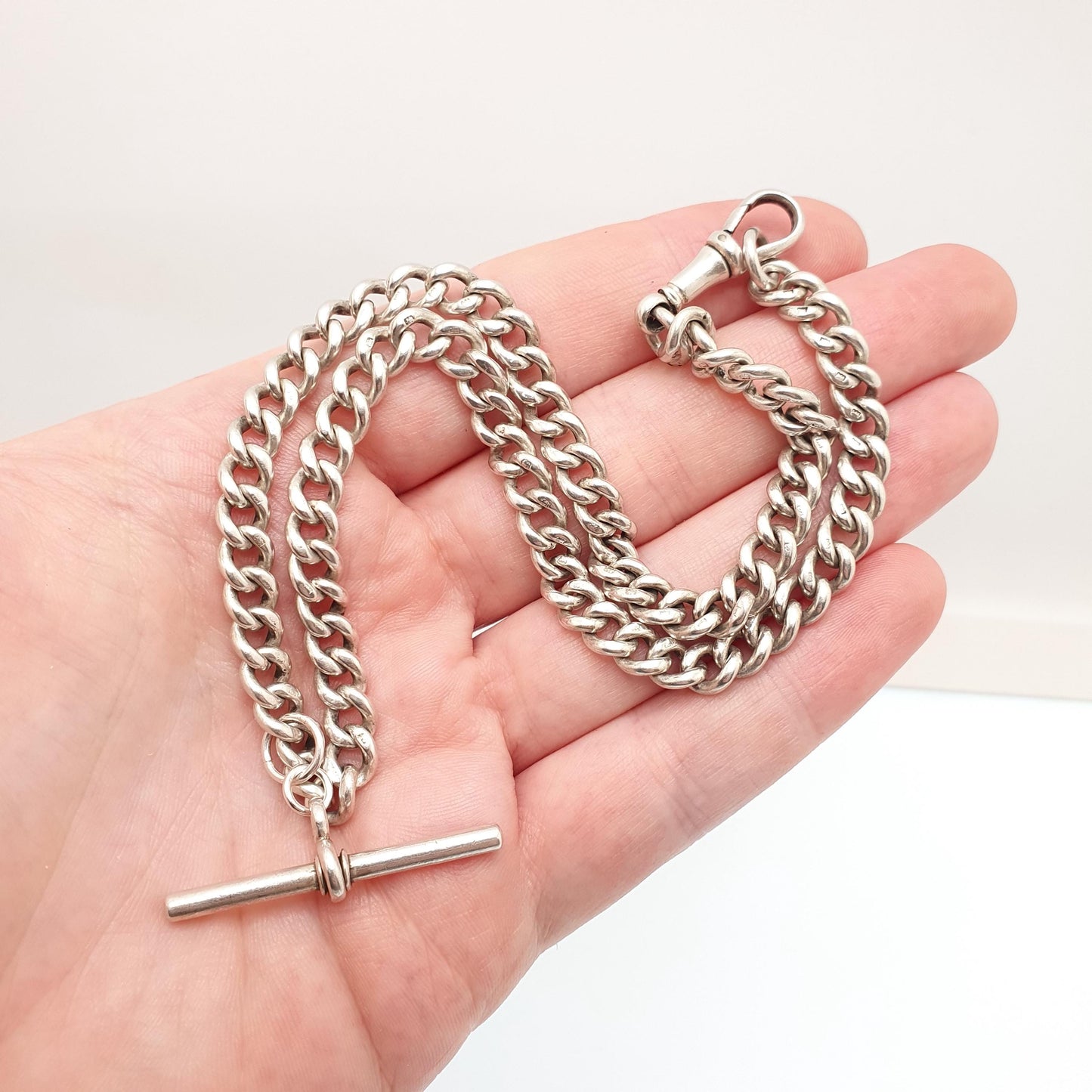 Antique Victorian Sterling Silver Albert Chain T Bar Necklace Curb Link Dog Clip 41cm 16.1" 45.05g 1885 Hallmark Vintage Jewelry Womens