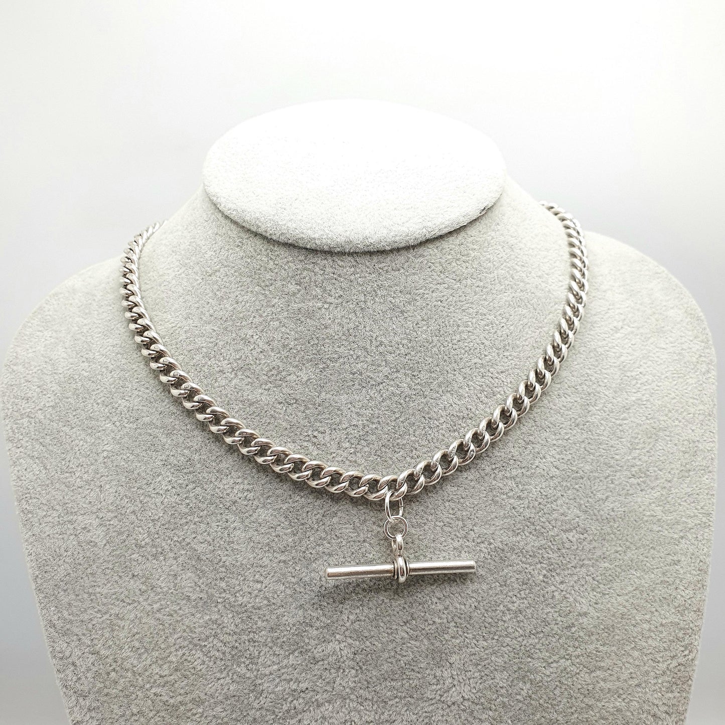 Antique Victorian Sterling Silver Albert Chain T Bar Necklace Curb Link Dog Clip 41cm 16.1" 45.05g 1885 Hallmark Vintage Jewelry Womens