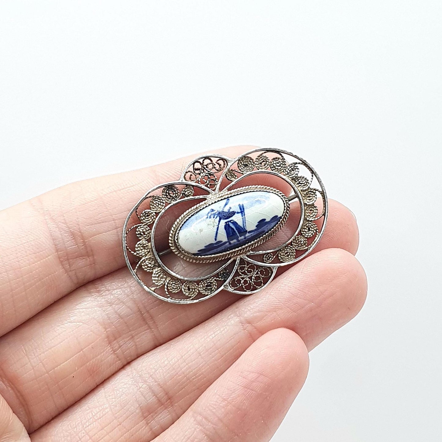 Vintage Solid Silver Dutch China Brooch Windmill Scene and Filigree Blue Painted Womens Unisex Jewelry Jewellery