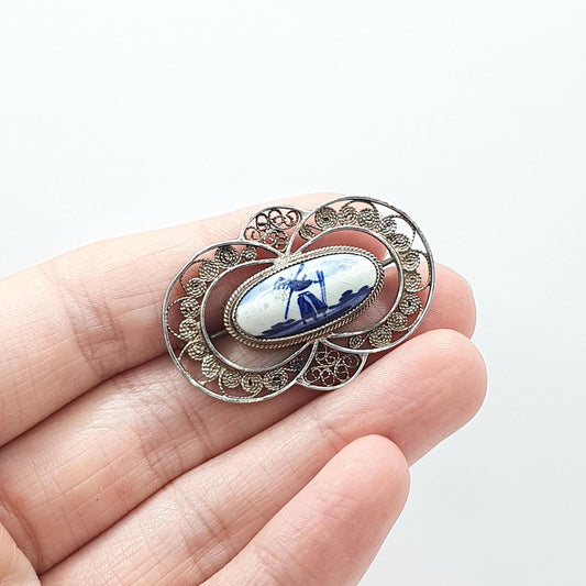 Vintage Solid Silver Dutch China Brooch Windmill Scene and Filigree Blue Painted Womens Unisex Jewelry Jewellery