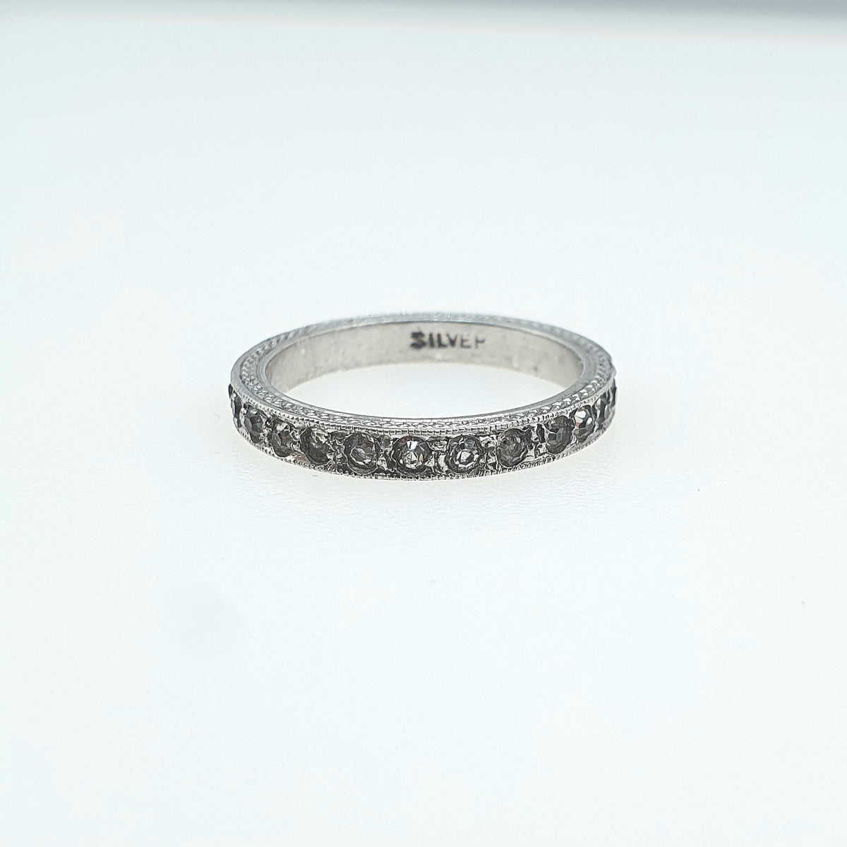 Antique Solid Silver Diamond Paste Eternity Ring Art Deco 1920s Patterned Flats Vintage Ladies Womens Gift Jewelry Jewellery UK J.5 US 5