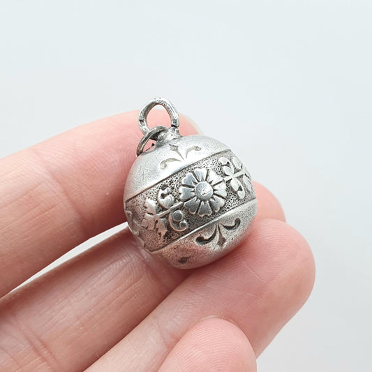 Antique Victorian Solid Silver Ball Pendant French Fleur de Lys Flower Decoration Vintage Womens Mens Jewelry Jewellery