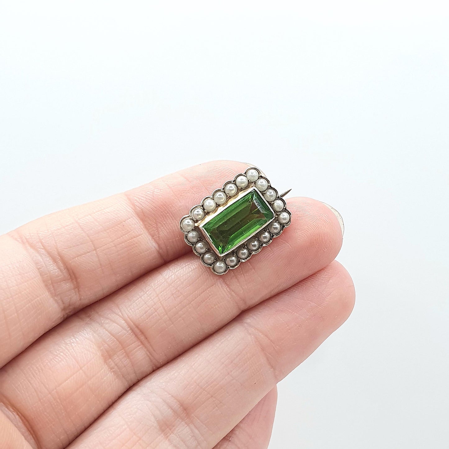 Antique Victorian Solid Silver Peridot Paste Brooch Seed Pearl Rectangular Cut Womens Green Glass Jewelry Jewellery Vintage