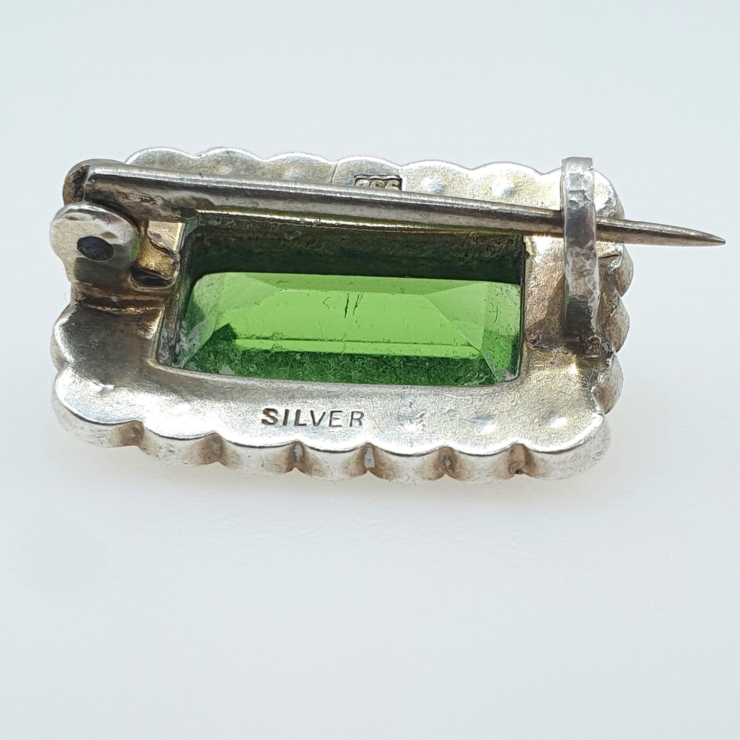 Antique Victorian Solid Silver Peridot Paste Brooch Seed Pearl Rectangular Cut Womens Green Glass Jewelry Jewellery Vintage