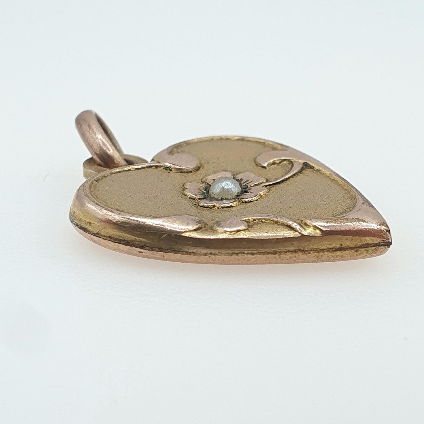 Antique Rose Rolled Gold Heart Pendant Faux Seed Pearl Centre Art Nouveau Gold Filled Vintage Womens Mens Jewelry Jewellery