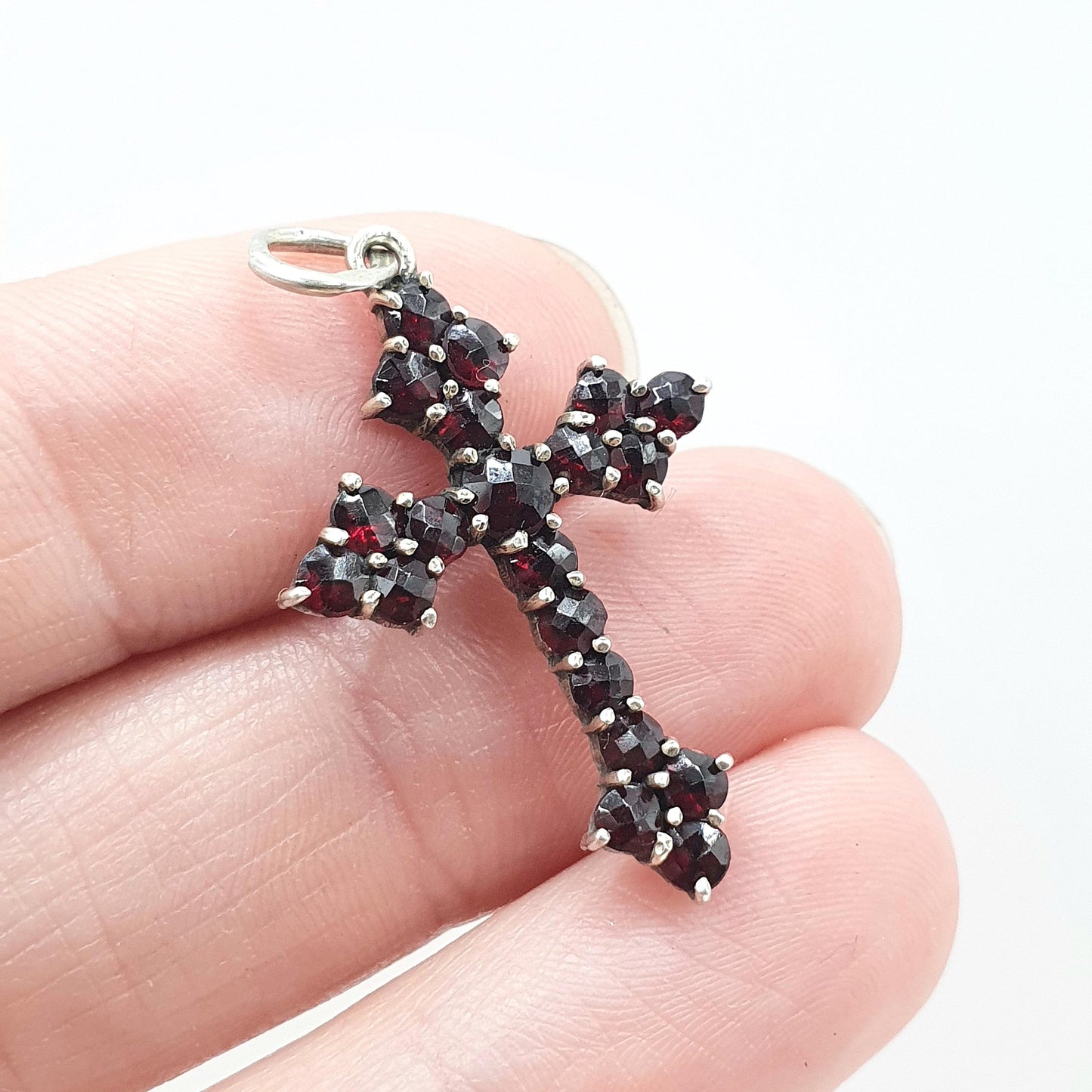 Antique Solid Silver Bohemian Garnet Crucifix Pendant Cross Necklace Catholic Religious Vintage Womens Mens Jewelry Jewellery