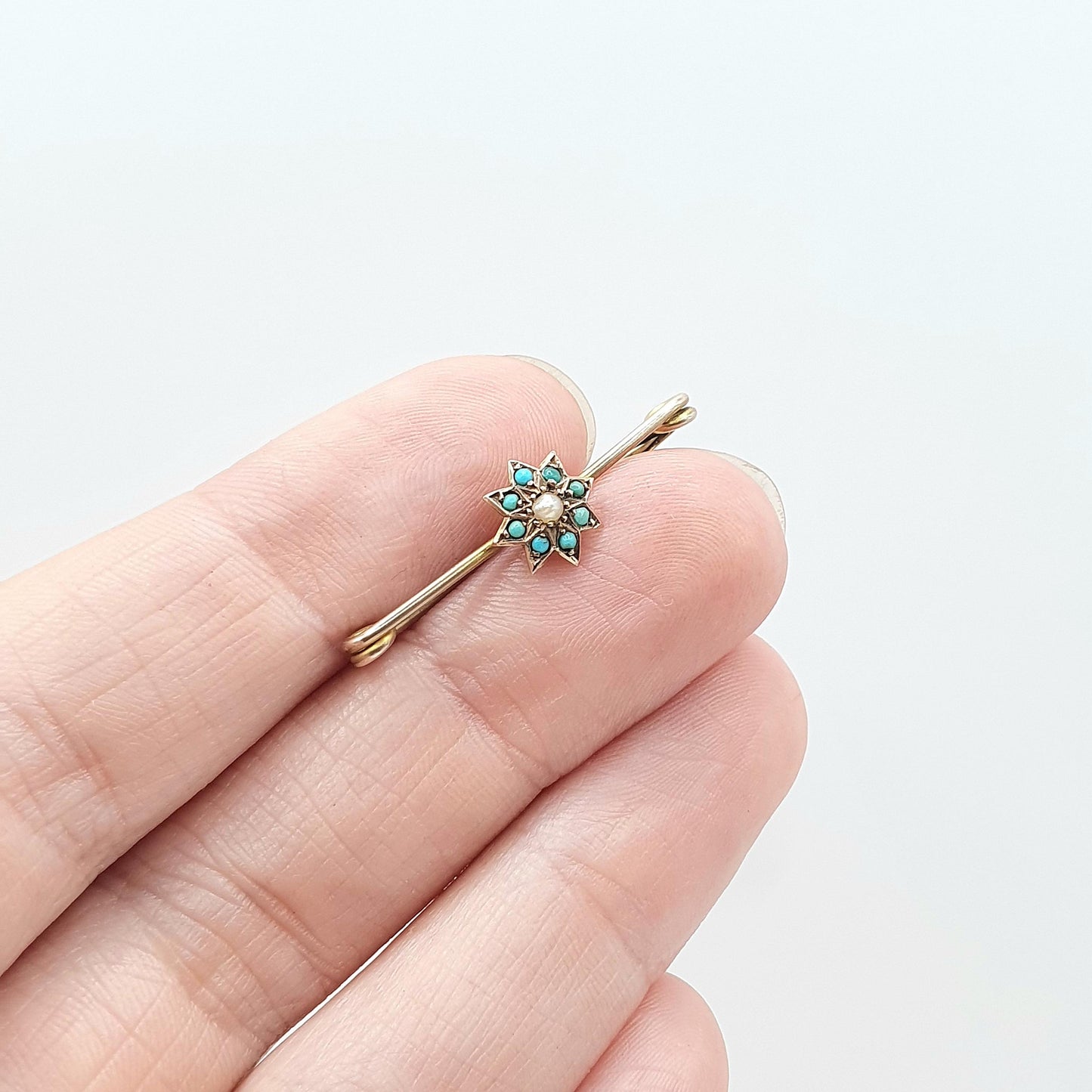 Antique Victorian 9ct Gold Star Brooch Turquoise and Seed Pearl Pin Solid 9k 9kt Celestial Vintage Womens Jewelry Jewellery