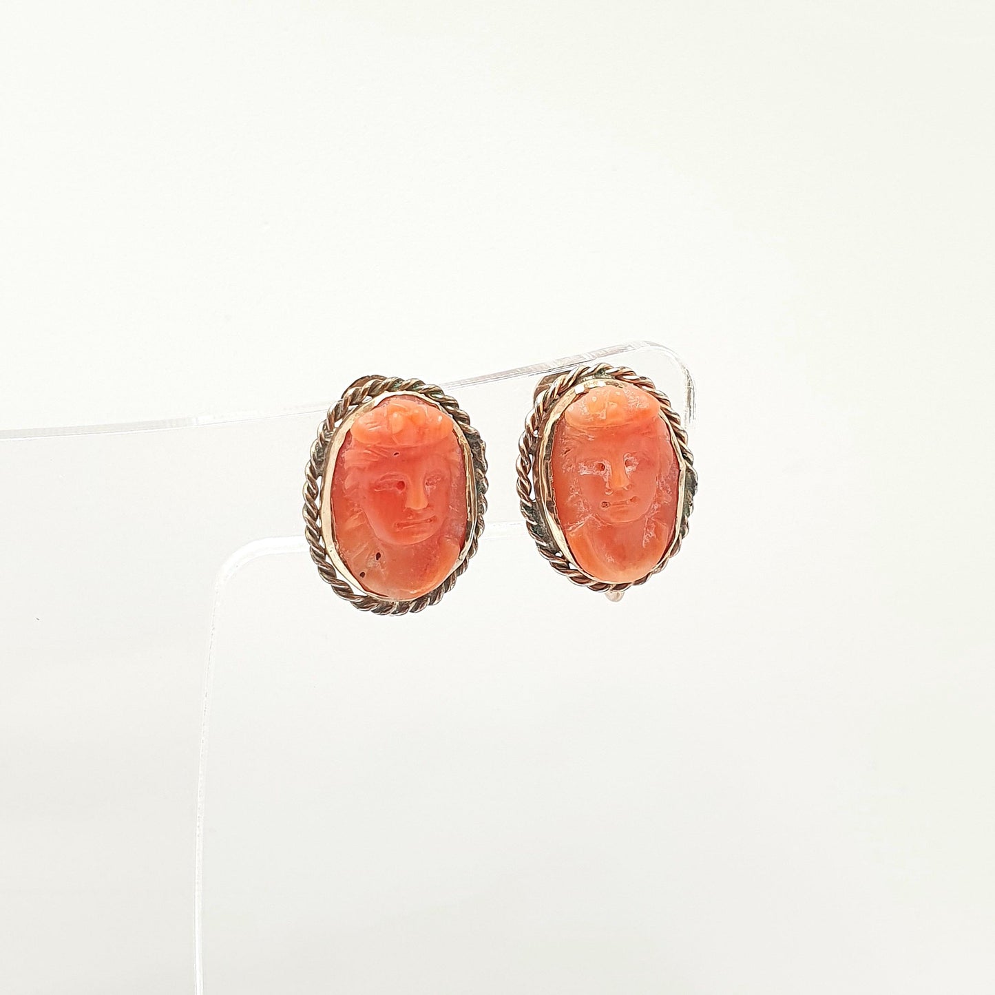 Antique 9ct Gold Coral Cameo Earrings Hand Carved Salmon Orange Solid 9k 375 Victorian Screw Back Elegant Womens Jewelry Jewellery