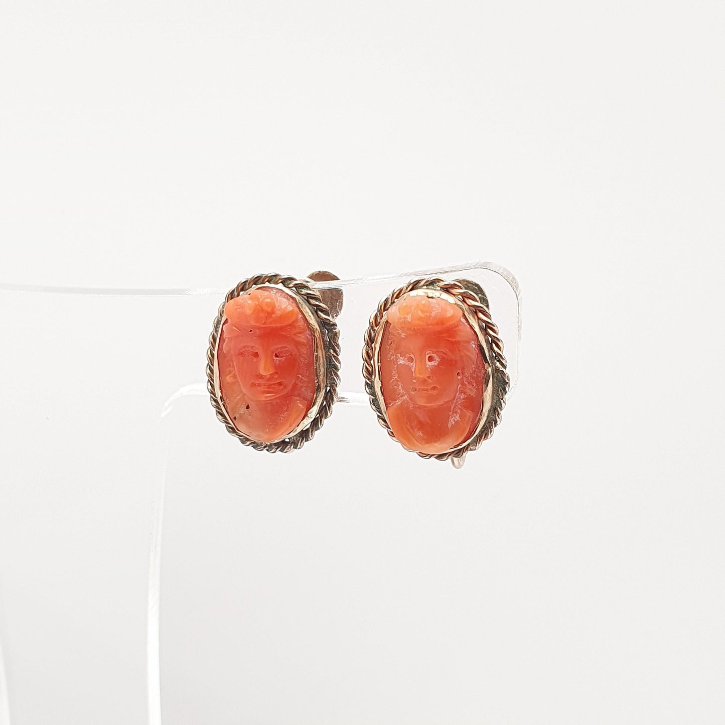 Antique 9ct Gold Coral Cameo Earrings Hand Carved Salmon Orange Solid 9k 375 Victorian Screw Back Elegant Womens Jewelry Jewellery