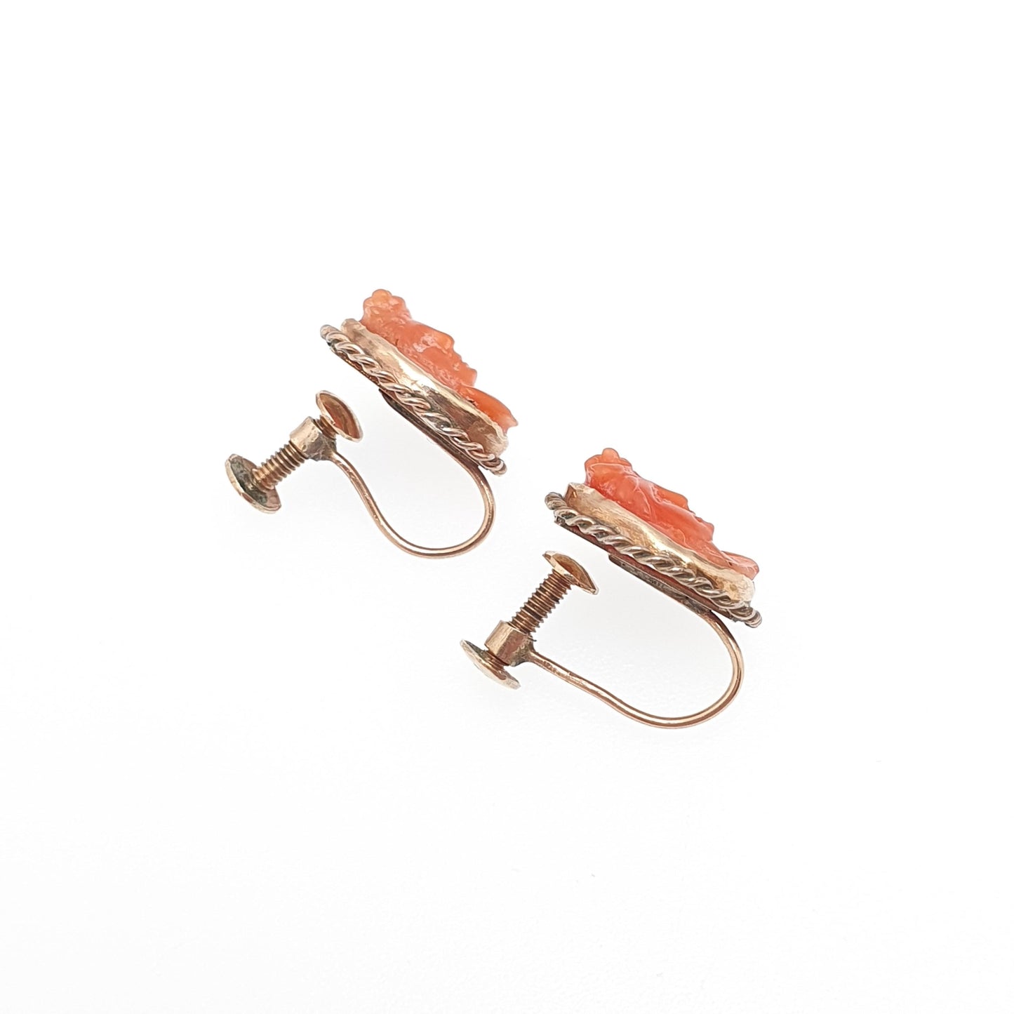 Antique 9ct Gold Coral Cameo Earrings Hand Carved Salmon Orange Solid 9k 375 Victorian Screw Back Elegant Womens Jewelry Jewellery