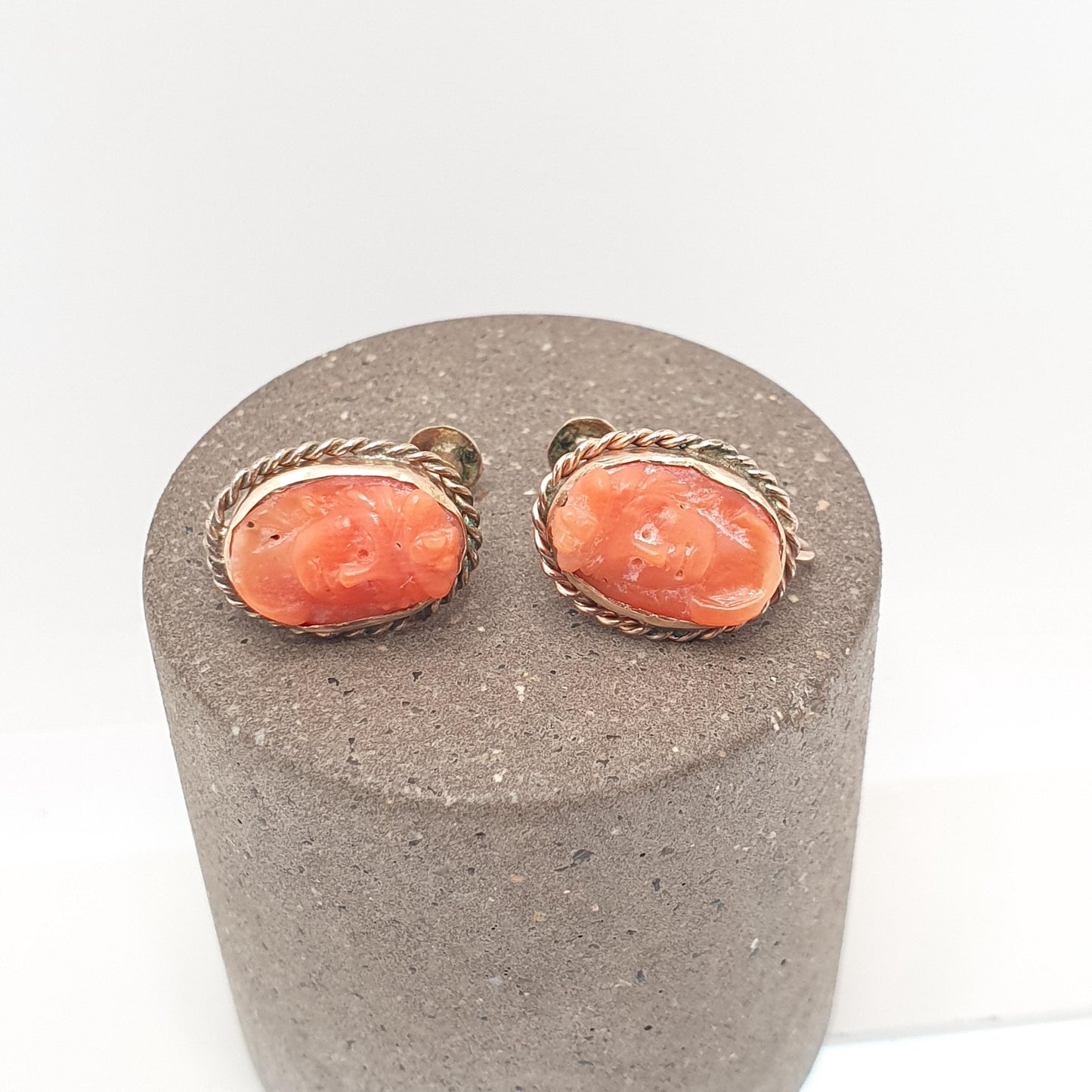 Antique 9ct Gold Coral Cameo Earrings Hand Carved Salmon Orange Solid 9k 375 Victorian Screw Back Elegant Womens Jewelry Jewellery