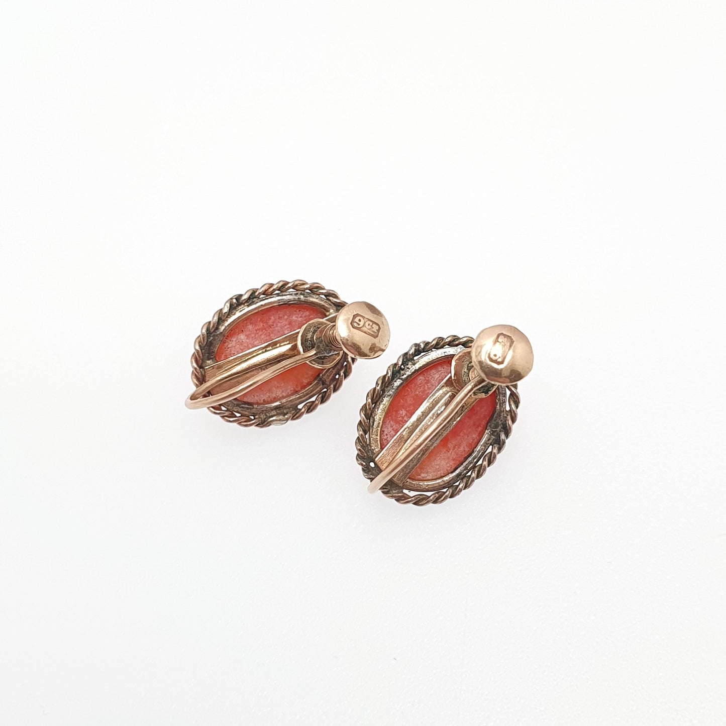 Antique 9ct Gold Coral Cameo Earrings Hand Carved Salmon Orange Solid 9k 375 Victorian Screw Back Elegant Womens Jewelry Jewellery