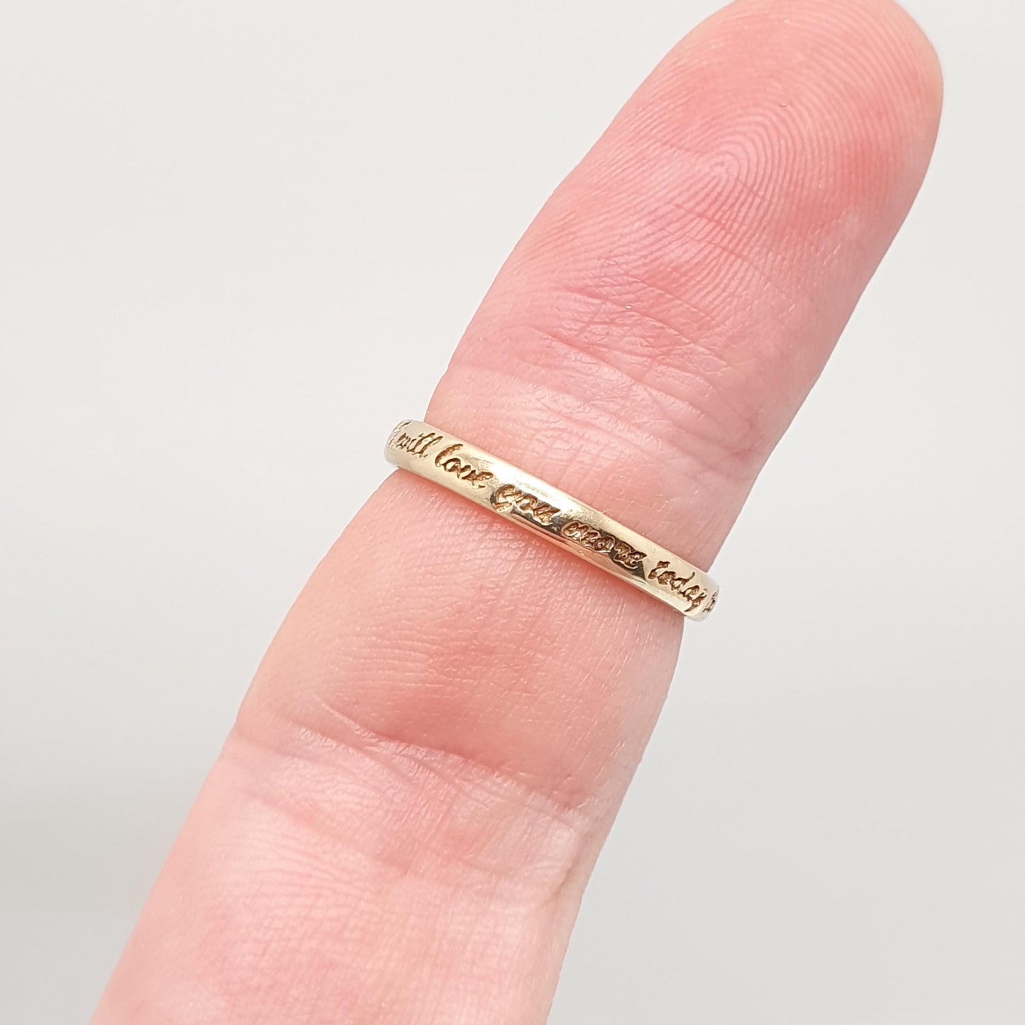 Vintage 9ct Gold I WILL LOVE YOU Band Ring Wedding Engraved Solid 9k 9kt Stacking Stacker Womens Jewelry Jewellery