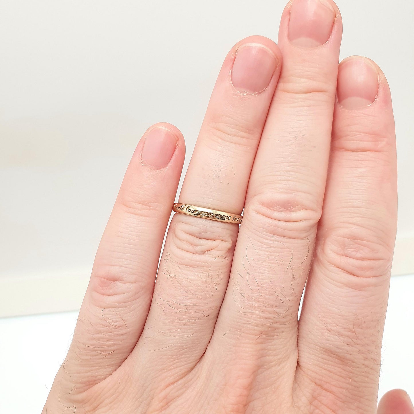 Vintage 9ct Gold I WILL LOVE YOU Band Ring Wedding Engraved Solid 9k 9kt Stacking Stacker Womens Jewelry Jewellery