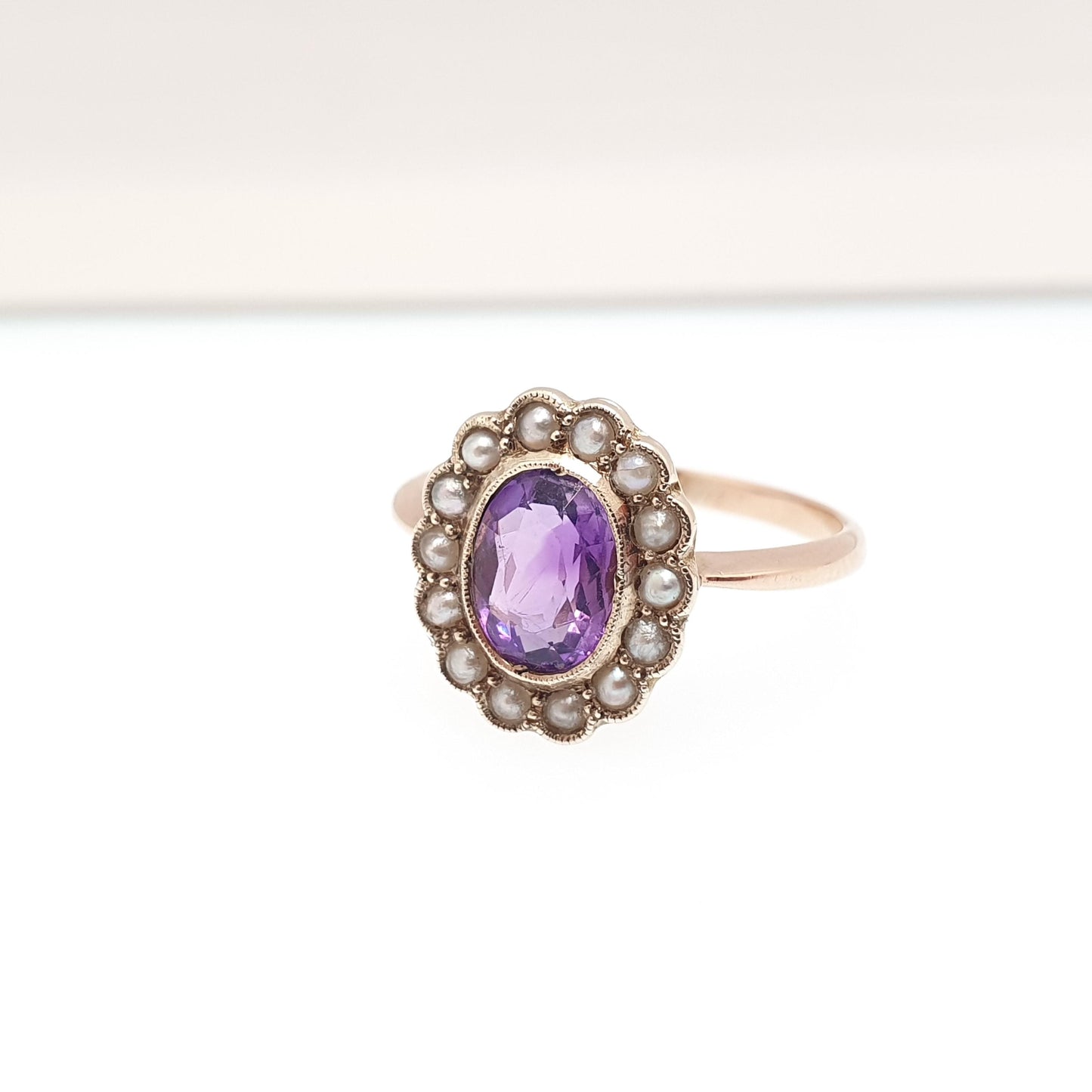 Antique 9ct 9k Gold Amethyst Ring Seed Pearl Halo Cluster Solid Silver 375 Genuine Gemstone Vintage Womens Jewelry Jewellery
