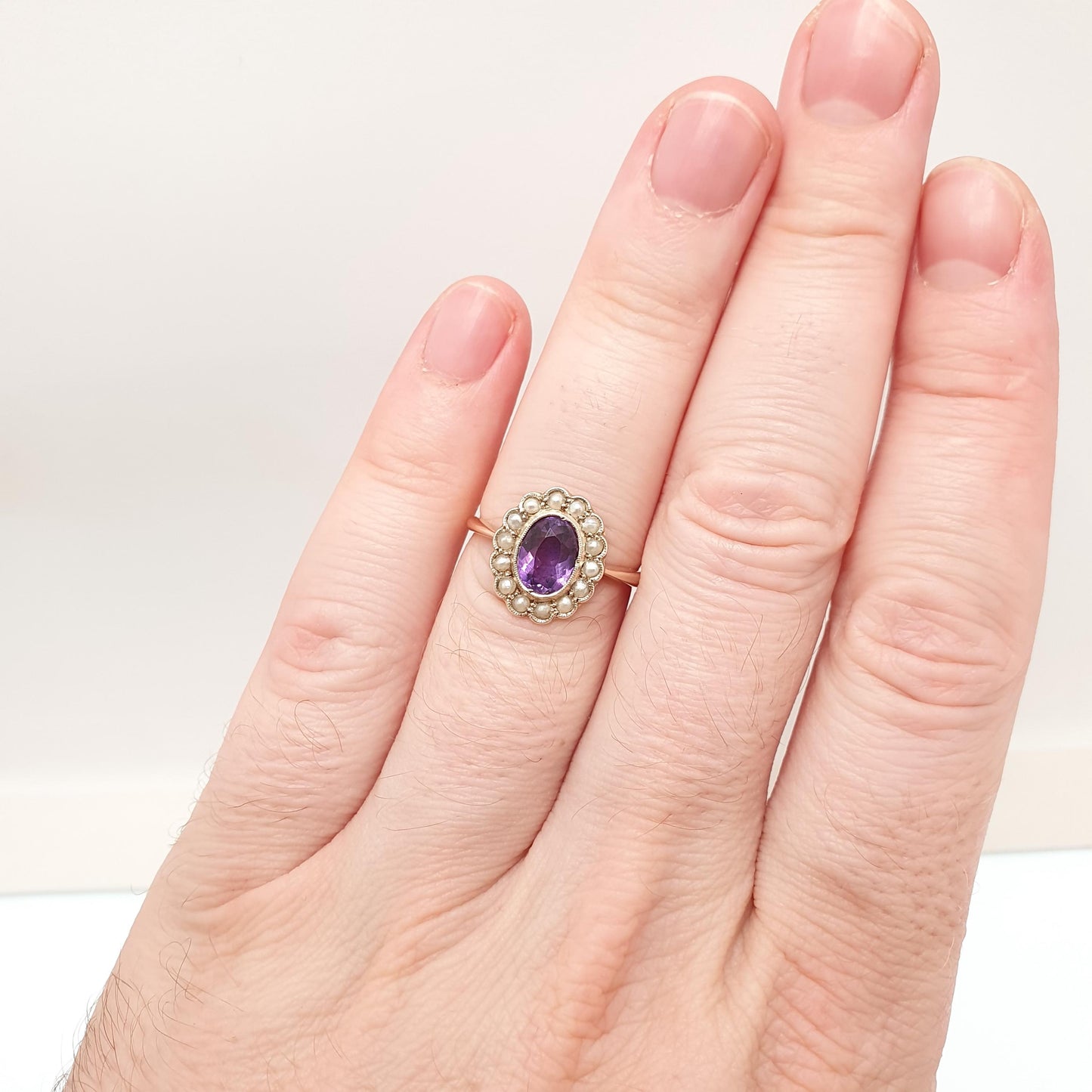 Antique 9ct 9k Gold Amethyst Ring Seed Pearl Halo Cluster Solid Silver 375 Genuine Gemstone Vintage Womens Jewelry Jewellery