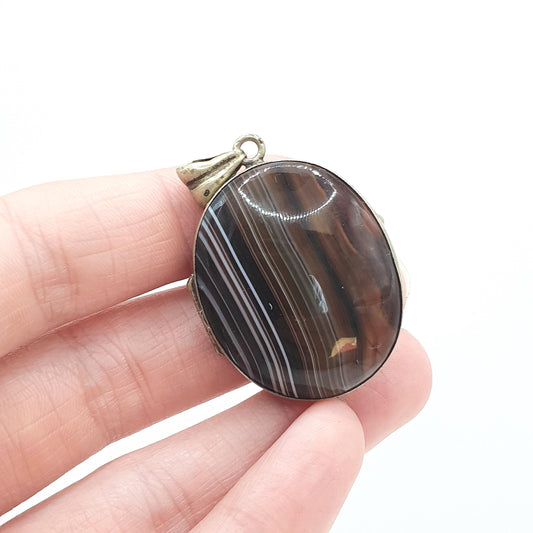 Antique Victorian Agate Locket Large Oval Genuine Gemstone Silver Tone Base Metal Big Genuine Banded Gemstone Vintage Womens Jewelry