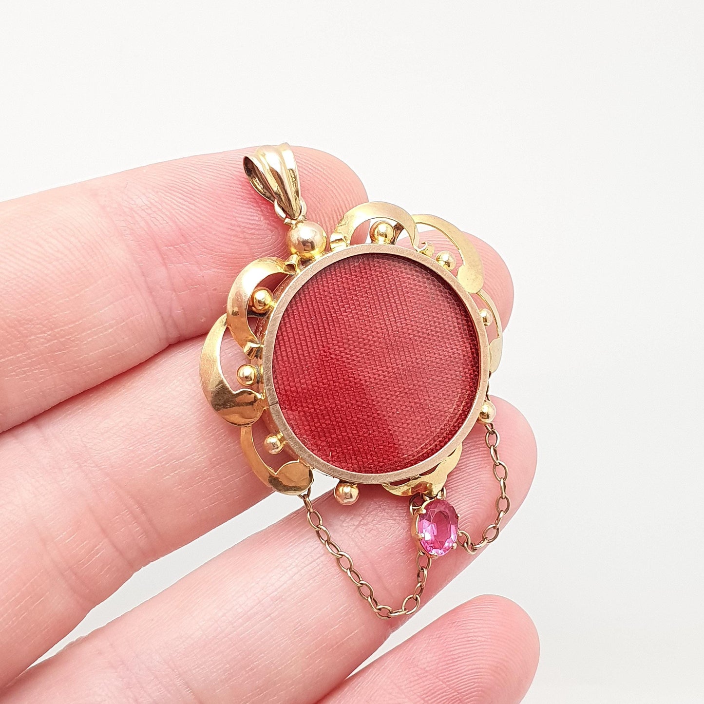 Antique 9ct Gold Locket Necklace Pink Paste Pendant Chain Link Double Sided Solid 9k 375 Yellow Edwardian Vintage Jewelry Womens Jewellery