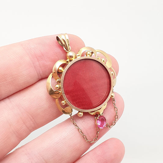 Antique 9ct Gold Locket Necklace Pink Paste Pendant Chain Link Double Sided Solid 9k 375 Yellow Edwardian Vintage Jewelry Womens Jewellery