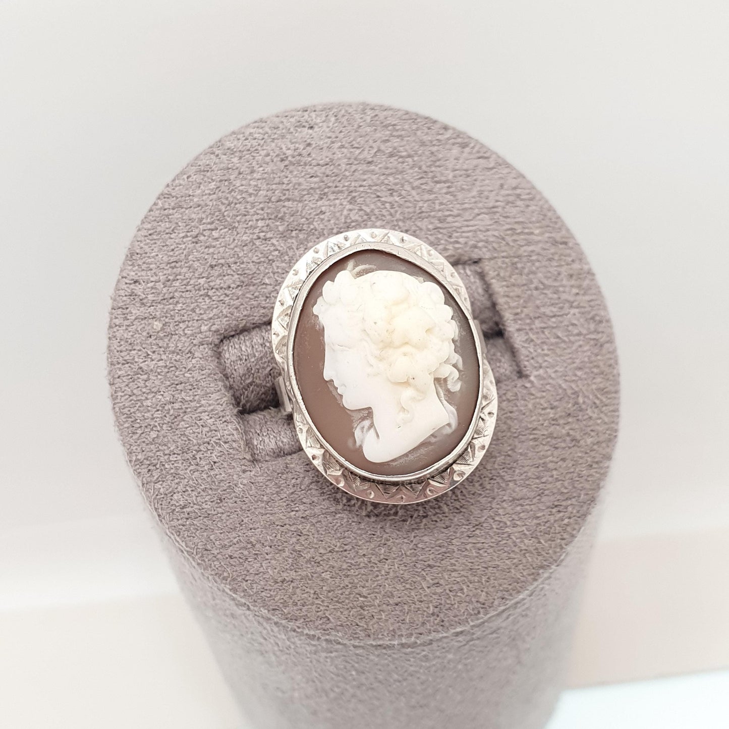 Antique Victorian Solid Silver Cameo Ring Hand Engraved and Carved High Relief Genuine Shell Vintage 1800s Womens Signet Jewelry
