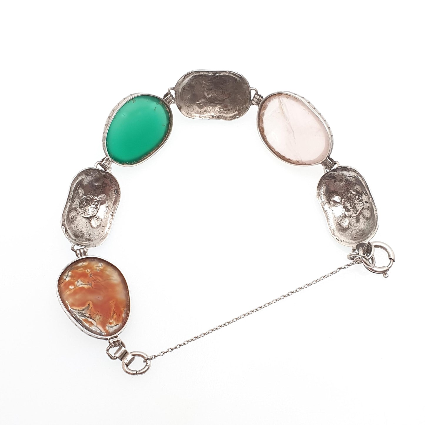 Antique Scottish Solid Silver Bracelet Moss Agate Chrysoprase Rose Quartz Iona Celtic Knot Large Gemstone Vintage Womens Jewelry Jewellery