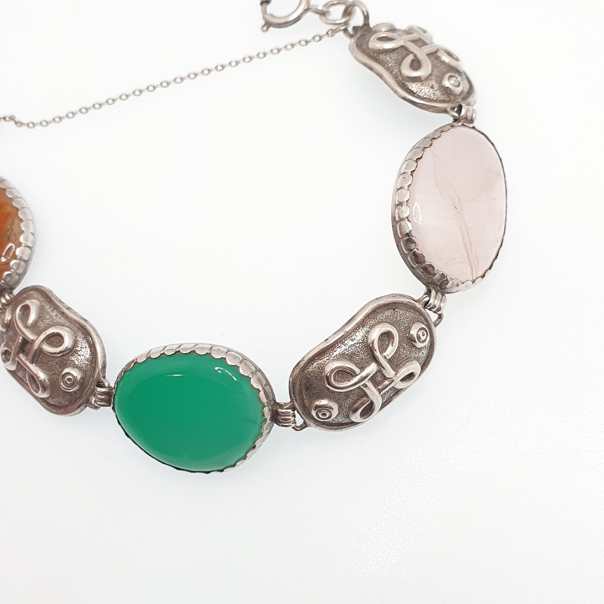Antique Scottish Solid Silver Bracelet Moss Agate Chrysoprase Rose Quartz Iona Celtic Knot Large Gemstone Vintage Womens Jewelry Jewellery