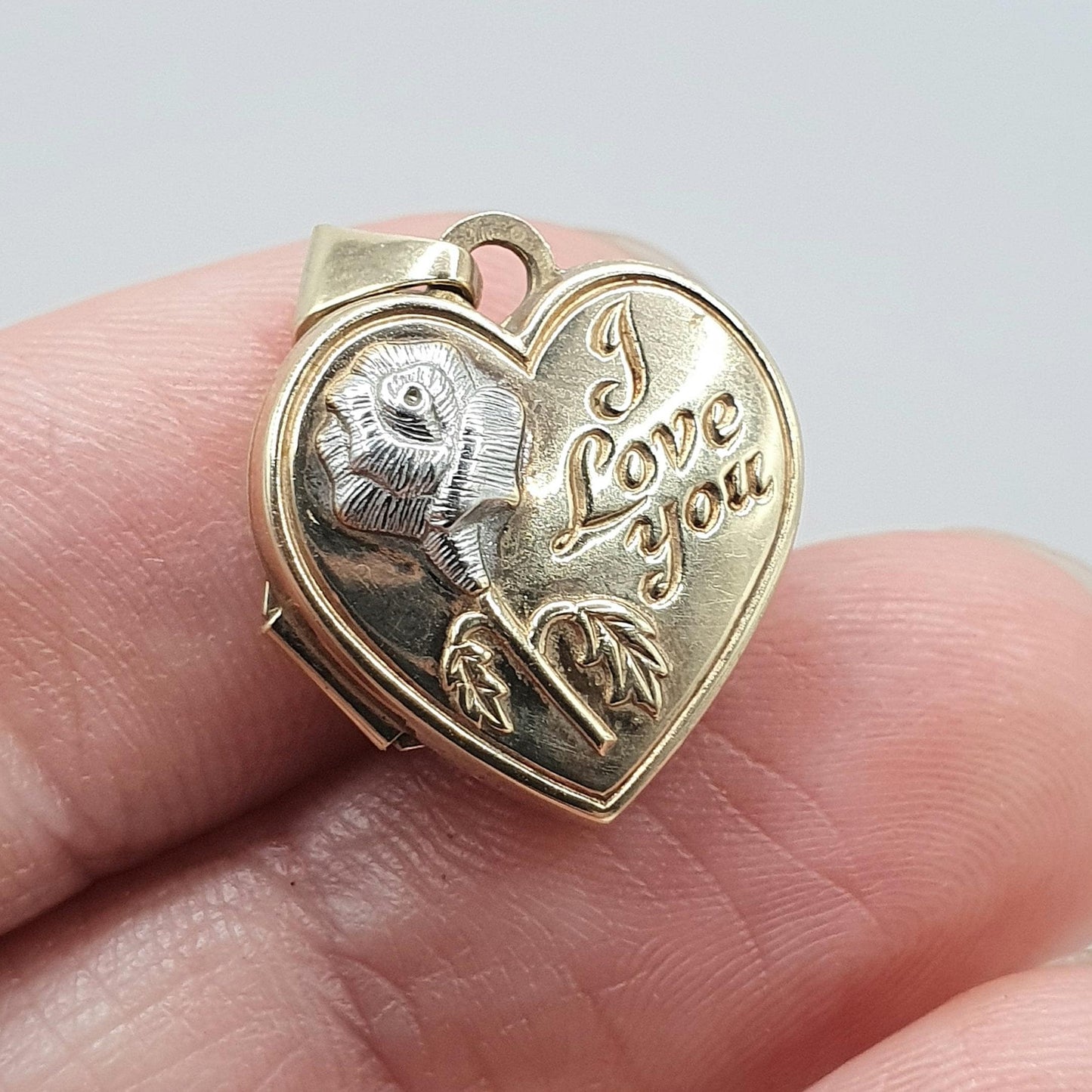 Vintage 9ct Gold "I LOVE YOU" Heart Locket All Solid 9k 9kt White Gold Flower Retro Gift Love Neckalce Womens Jewelry Jewellery