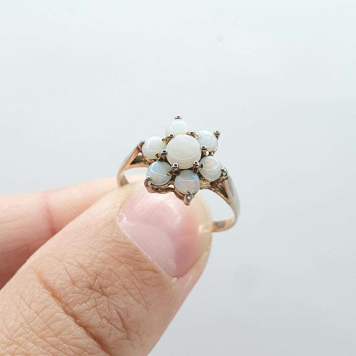 Vintage Rolled Gold Opal Ring Cluster Genuine White Opals Gold Filled Halo Flower Retro Womens Jewelry Jewellery UK P US 7.75