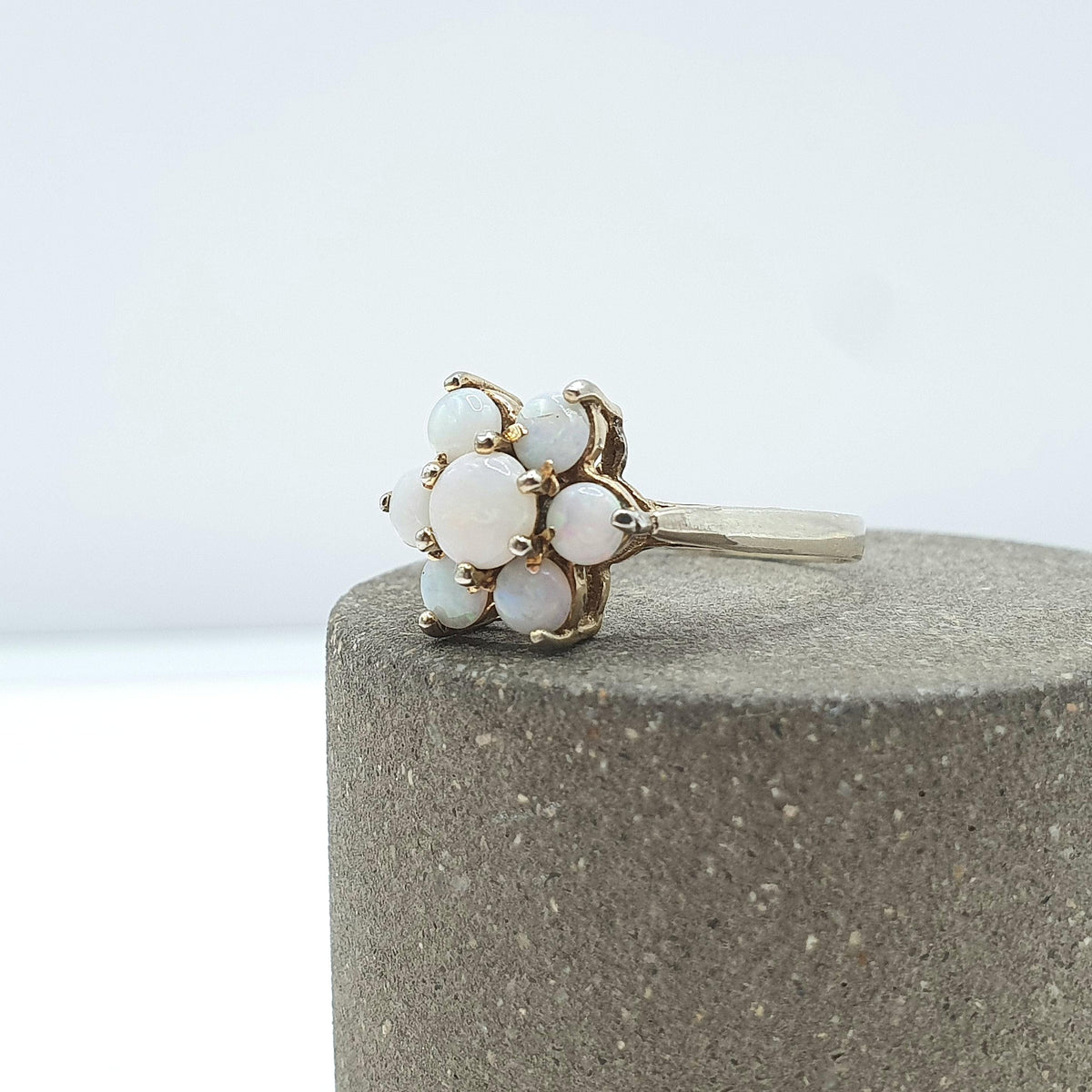 Vintage Rolled Gold Opal Ring Cluster Genuine White Opals Gold Filled Halo Flower Retro Womens Jewelry Jewellery UK P US 7.75