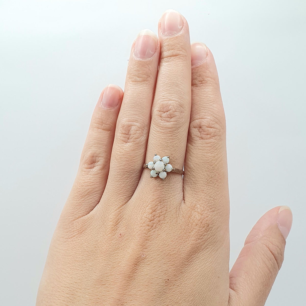 Vintage Rolled Gold Opal Ring Cluster Genuine White Opals Gold Filled Halo Flower Retro Womens Jewelry Jewellery UK P US 7.75