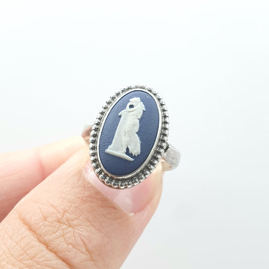 Vintage Sterling Silver Wedgwood Ring Navy Blue Jasperware Oval Solid 925 Womens Ladies Retro Jewelry Jewellery Unisex UK K.5 US 5.5
