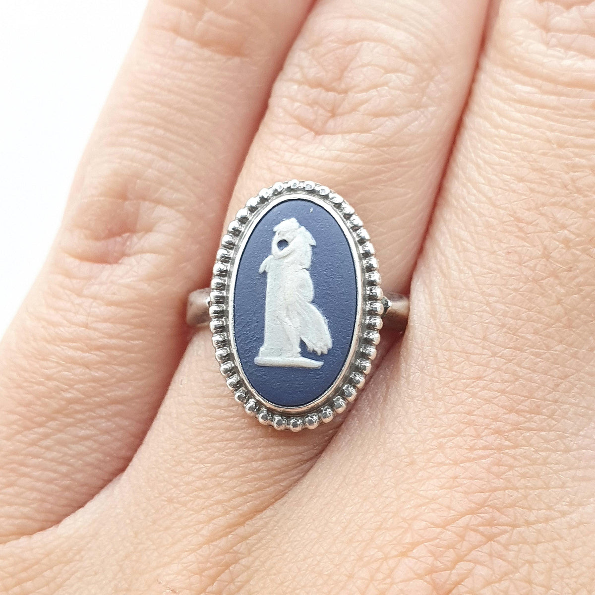 Vintage Sterling Silver Wedgwood Ring Navy Blue Jasperware Oval Solid 925 Womens Ladies Retro Jewelry Jewellery Unisex UK K.5 US 5.5